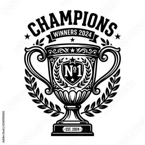 Champions Winners 2024 Trophy Emblem with Laurel Wreath - Black and White