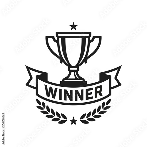 Winner Trophy with Laurel Wreath and Ribbon - Vector Icon