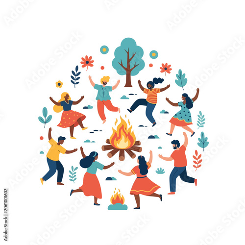 Happy diverse people dancing in a circle around a campfire in nature summer solstice celebration vector illustration in flat style
