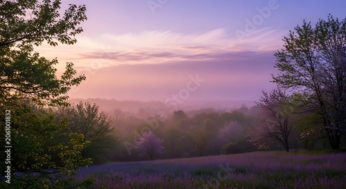 Serene purple sunrise over a misty forest valley landscape.
