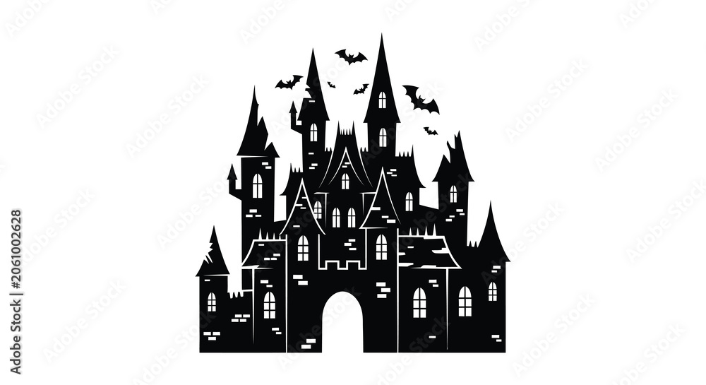 Fototapeta premium Haunted castle with bats black silhouette high quality