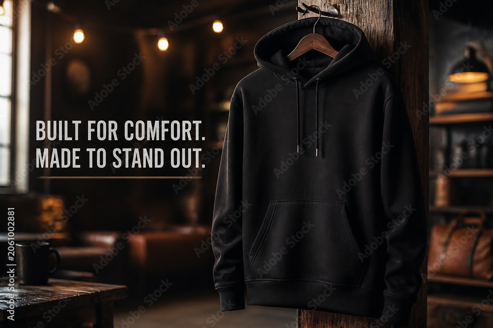 Obraz premium A black hoodie hangs on a wooden hanger in a dimly lit, rustic interior.