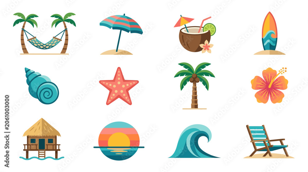 Fototapeta premium Tropical summer beach icons set, flat vacation travel elements with palm trees and ocean waves, 12 colorful vector illustrations for tourism