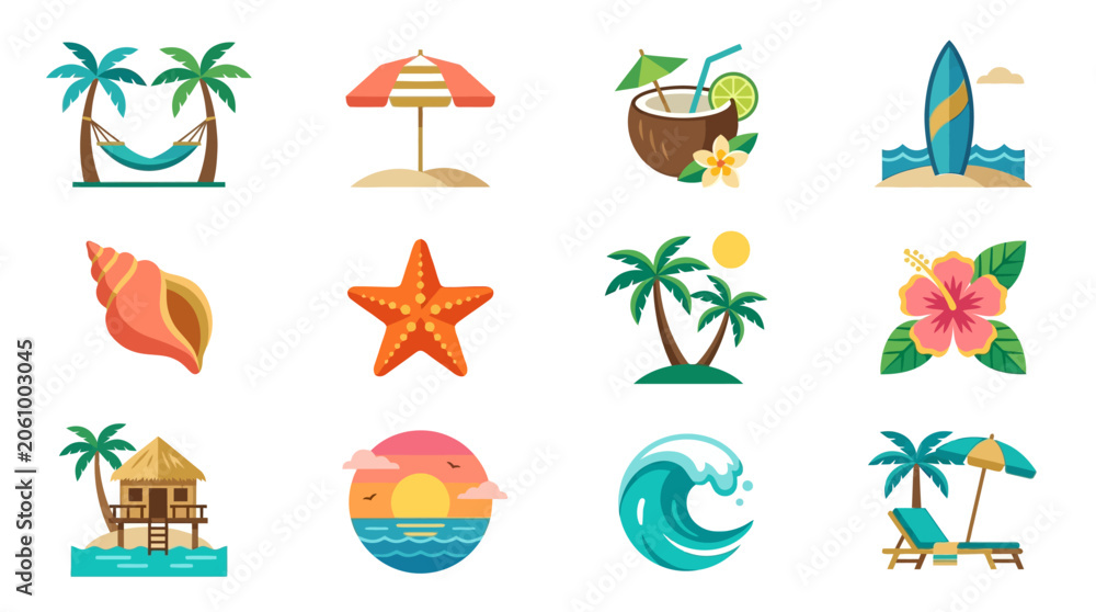 Fototapeta premium Tropical summer beach icons set, flat vector vacation travel elements, exotic island holiday symbols with palm trees and ocean waves