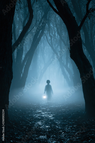 dark gothic forest at night with ghost, eerie ghost in foggy gothic woodland, haunted moonlit forest with spectral child lantern