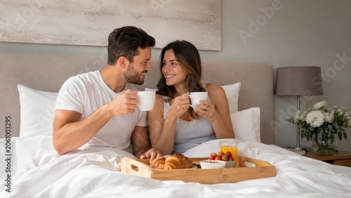 Couple smiling and enjoying breakfast in bed with coffee, croissants and fruit on a wooden tray in a cozy bedroom