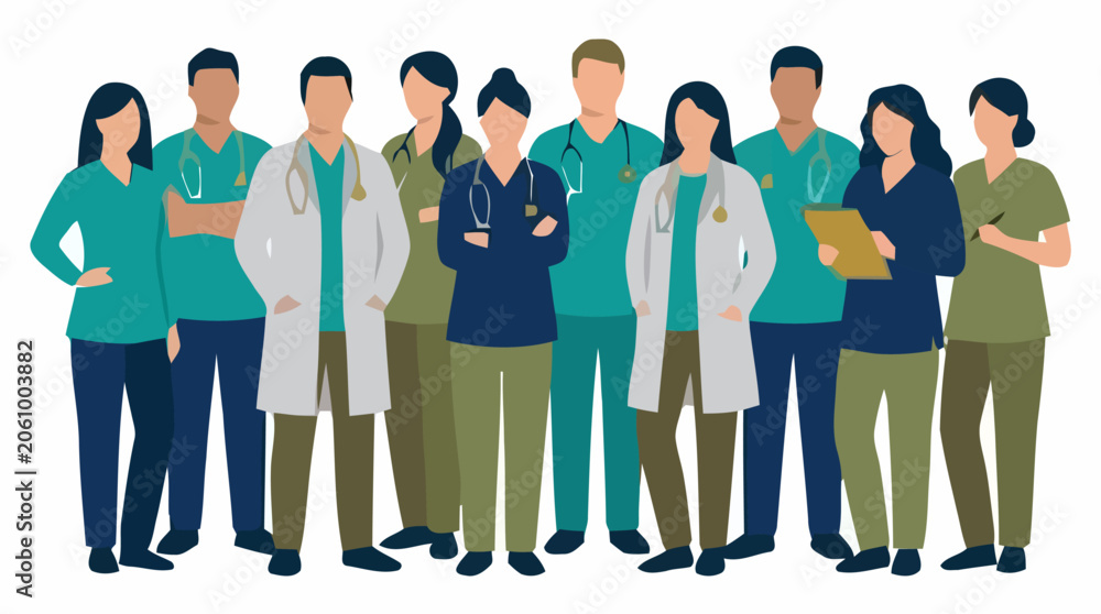Fototapeta premium Medical professionals standing together in a hospital setting wearing scrubs