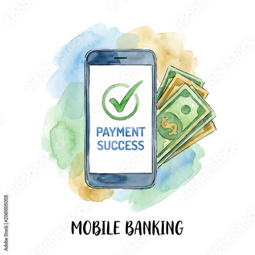 Successful digital transaction on smartphone screen with cash clip art and watercolor banknotes