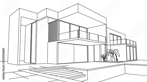 Modern architectural drawing of luxury villa with clean lines large glass windows and stylish outdoor terrace area.