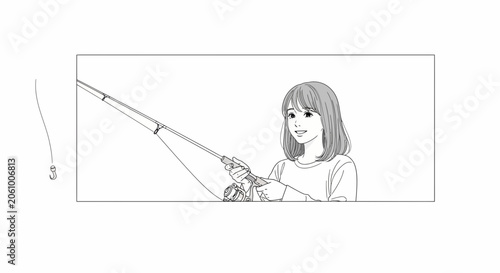 Young woman fishing with rod, happy expression, enjoying outdoor hobby