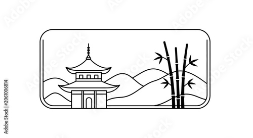 Zen Garden Pagoda Silhouette with Bamboo and Mountains Line Art