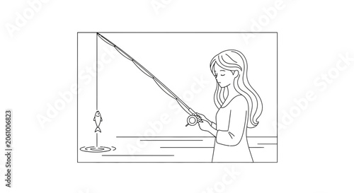 Young Woman Fishing by Lake, Catching a Fish, Relaxing Hobby
