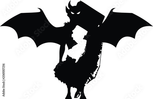 Quadro em tela Black silhouette of a devilish creature with bat wings standing