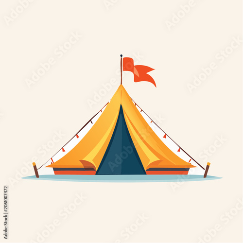 Illustration of a Yellow Camping Tent with Red Flag