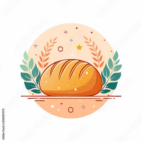 Stylized Loaf of Bread with Wheat and Leaves