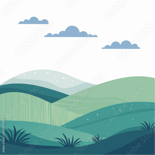 Stylized Rolling Hills Landscape with Clouds
