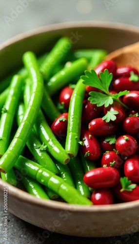 Close-up of a bowl filled with cooked green beans and red beans, topped with chopped fresh parsley, red beans, lunch, bowl