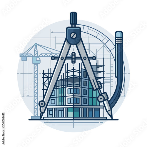 Architectural design concept featuring drafting tools construction crane and modern building blueprint for professional engineering projects