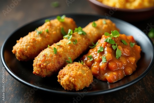 Close-up of crispy fried chicken kebab and rich chicken tikka masala on a dark black plate , Rich, Flavorful , South Indian Cuisine