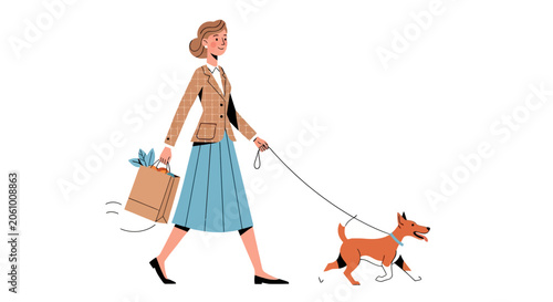 Woman walking her dog while carrying shopping bags.