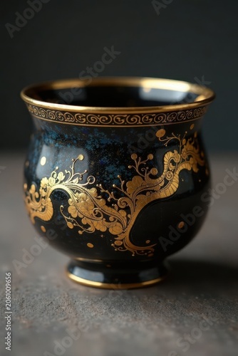 Close-up of restored sake cup with real gold, intricate kintsugi design , Gold leaf technique, Kintsugi restoration, Traditional Japanese art