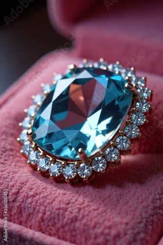 Close-up shot of large topaz stone with diamonds encircling it on a velvet surface, velvet background, diamond cluster, sparkling accents