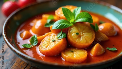 Close-up shot of red duck curry with juicy lychees and fragrant basil in a shallow dish, Asian food, spices, lychee
