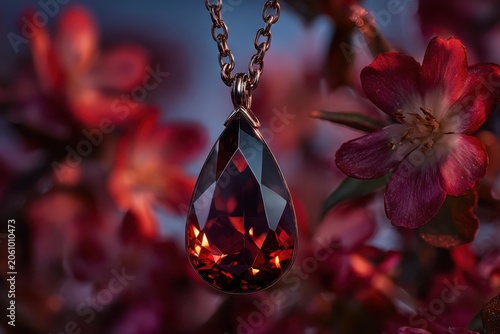Garnet Pendant Adorned with Blossoms: A teardrop-shaped garnet pendant, suspended from a delicate chain, rests amongst soft red blossoms, exuding elegance and a touch of mystery.