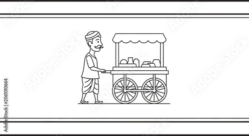 Indian street food vendor pushing cart with food items on display, black and white illustration