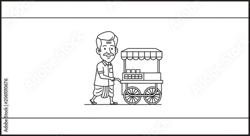 Indian street food vendor pushing cart, traditional attire, smiling man, livelihood, small business