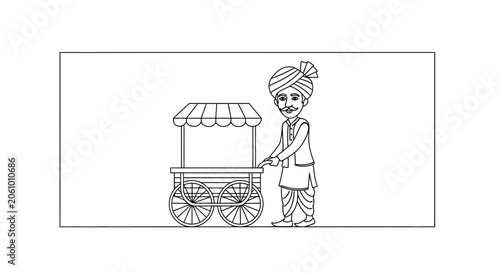 Indian street vendor with traditional cart, selling goods, cultural depiction