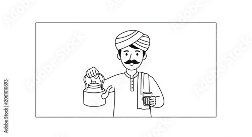 Indian Tea Seller Offering Hot Beverage from Kettle and Cup