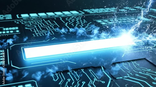 A futuristic digital circuit board with a glowing blue rectangle and sparkling particles