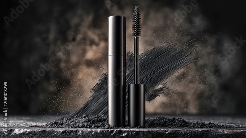 Black mascara tube and wand with dramatic particle explosion, cosmetics