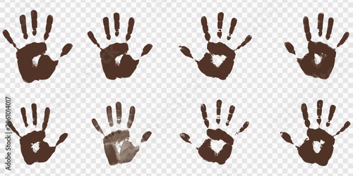 Картината върху платно hand prints vector illustration, Set of eight dark brown handprint imprints on a white background mark, Human hand palm print silhouette illustration line art vector graphic design icon set