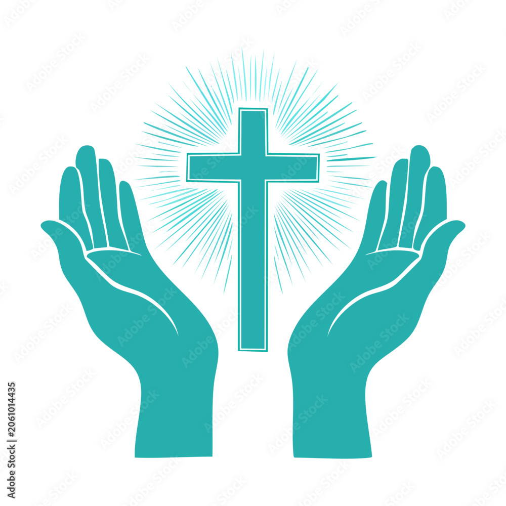 Fototapeta premium Christian cross with hands and light rays