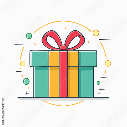 Flat design gift box with red ribbon and bow
