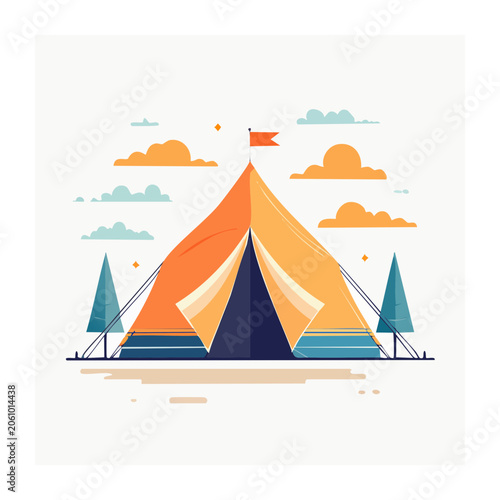 Flat design illustration of a tent with trees and clouds