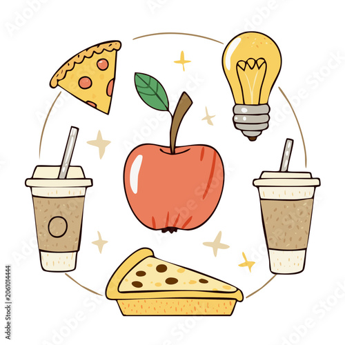 Flat design illustration of apple, pizza, coffee, and light bulb