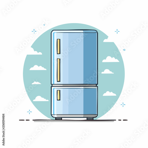 Illustration of a blue refrigerator with clouds and stars