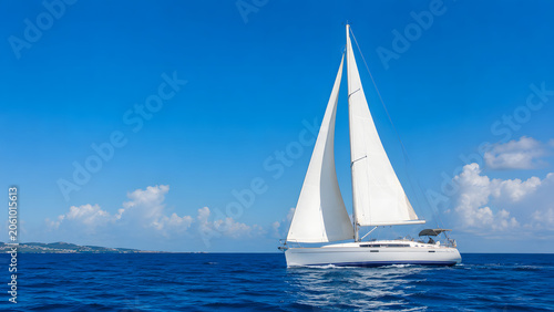 Classic White Sailboat with Full Sails on Deep Blue Tropical Ocean Under Summer Sky