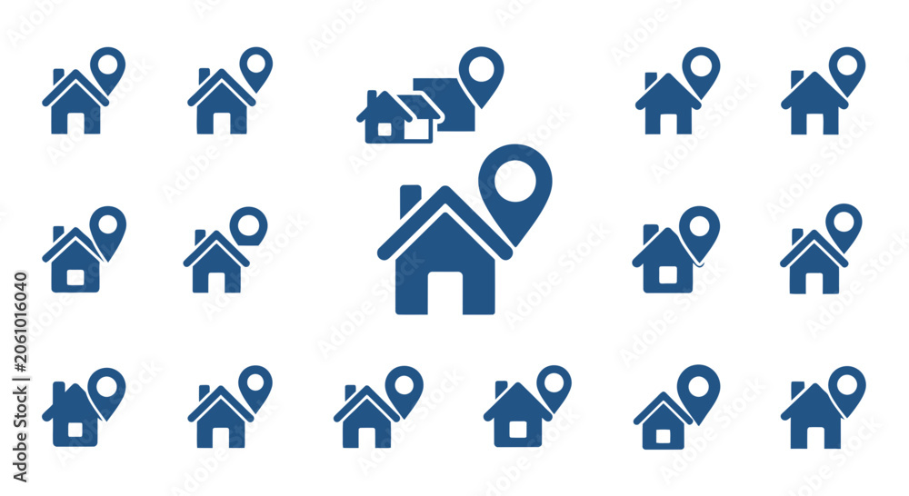 Fototapeta premium Blue location pin icons on house silhouettes for navigation and real estate applications