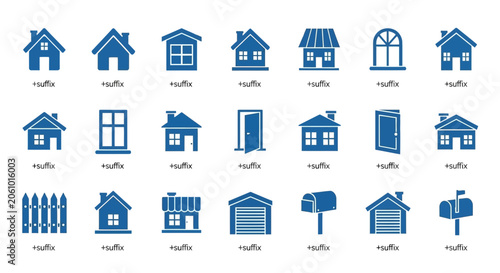 Blue line art icons set featuring various houses buildings and property elements