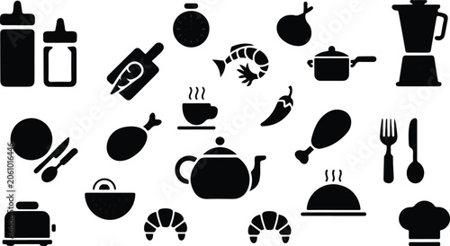 Bild auf Leinwand Culinary cooking food preparation symbols pack with fried egg carrot chili peppe