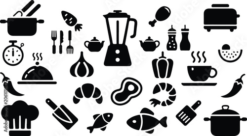 Foto Culinary cooking food preparation symbols pack with fried egg carrot chili peppe