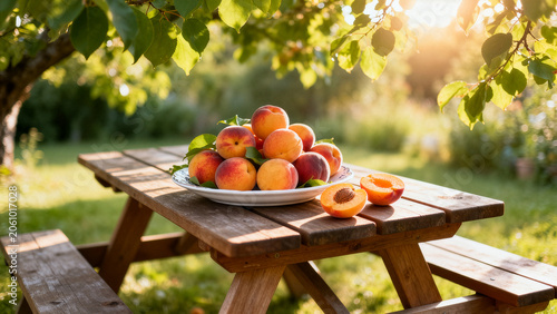 Juicy sliced peaches and apricots on white plate on outdoor wooden table picnic.