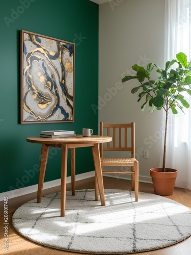 Minimalist wooden dining table and chair set on a round, white, patterned rug. The backdrop features a bold emerald green accent wall adorned with an abstract painting in hues of gold and blue.