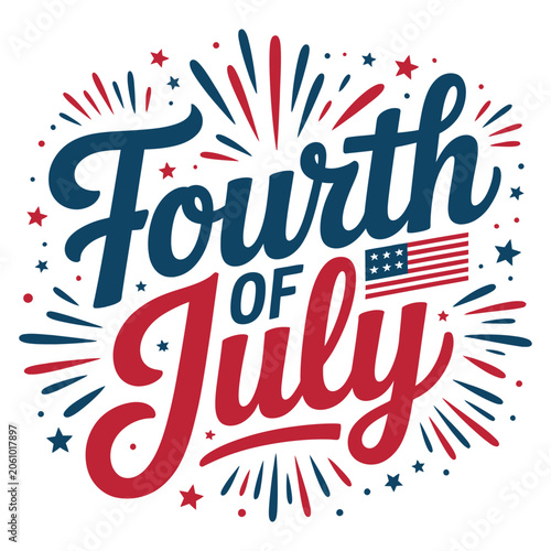 Festive Fourth of July lettering with fireworks and American flag elements