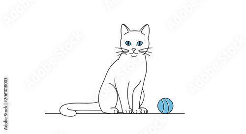 Cute White Cat with Blue Eyes Sitting Next to a Blue Ball, Simple Line Drawing