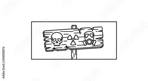 Danger Warning Sign: Skull, Radiation, Gas Mask Icons on Wooden Post